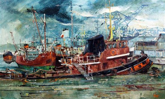 James Watt (Glasgow School) Trawler in harbour 22 x 36in.